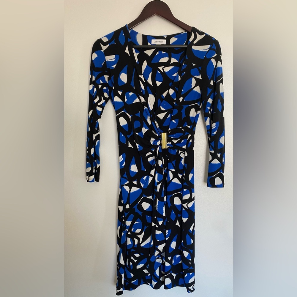 Calvin Klein Blue, Black & White Abstract Long-Sleeve Twist Front Dress